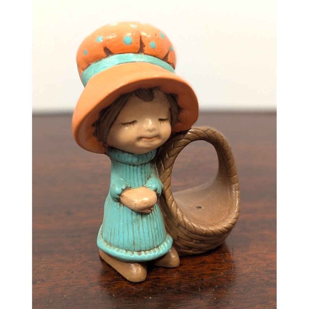 Vintage Handmade Ceramic Girl Figurine Basket Planter Orange Hat Sara Rhodes